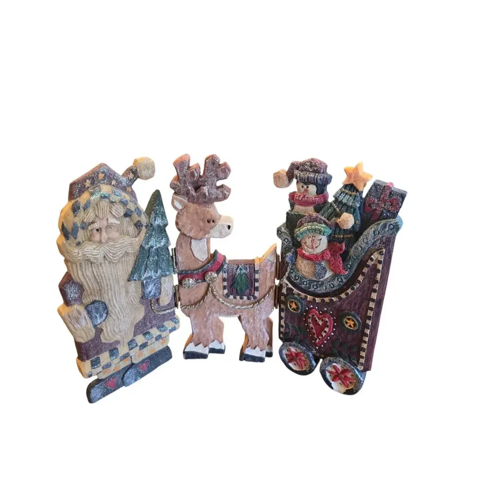 Vintage Christmas Folding Santa Reindeer Sleigh Resin Shelf Sitter Display